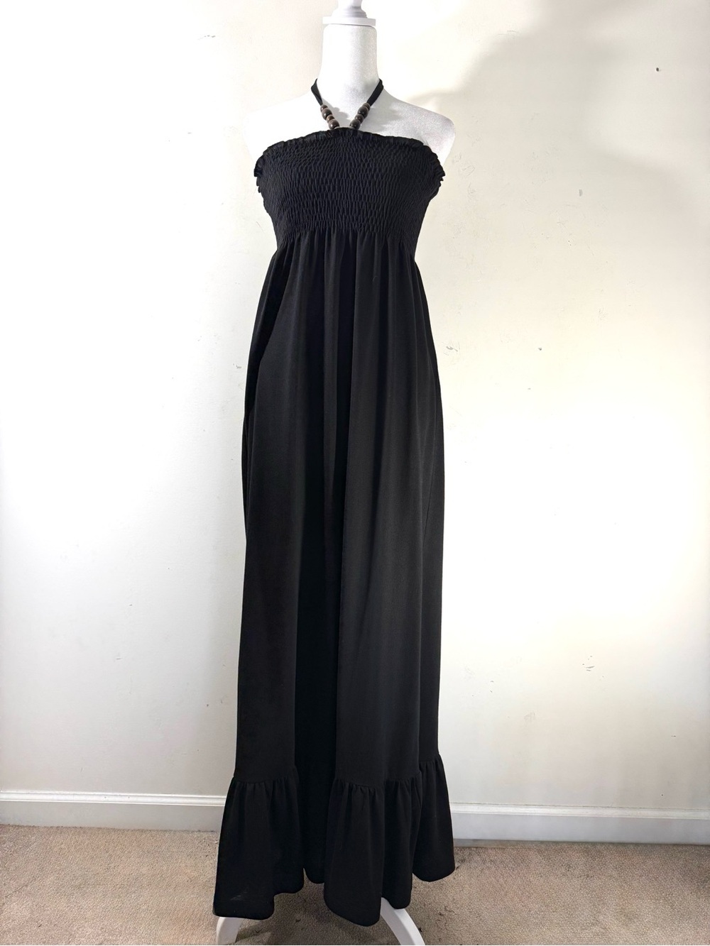 Y2K Black Smocked Halter Boho Maxi Dress medium